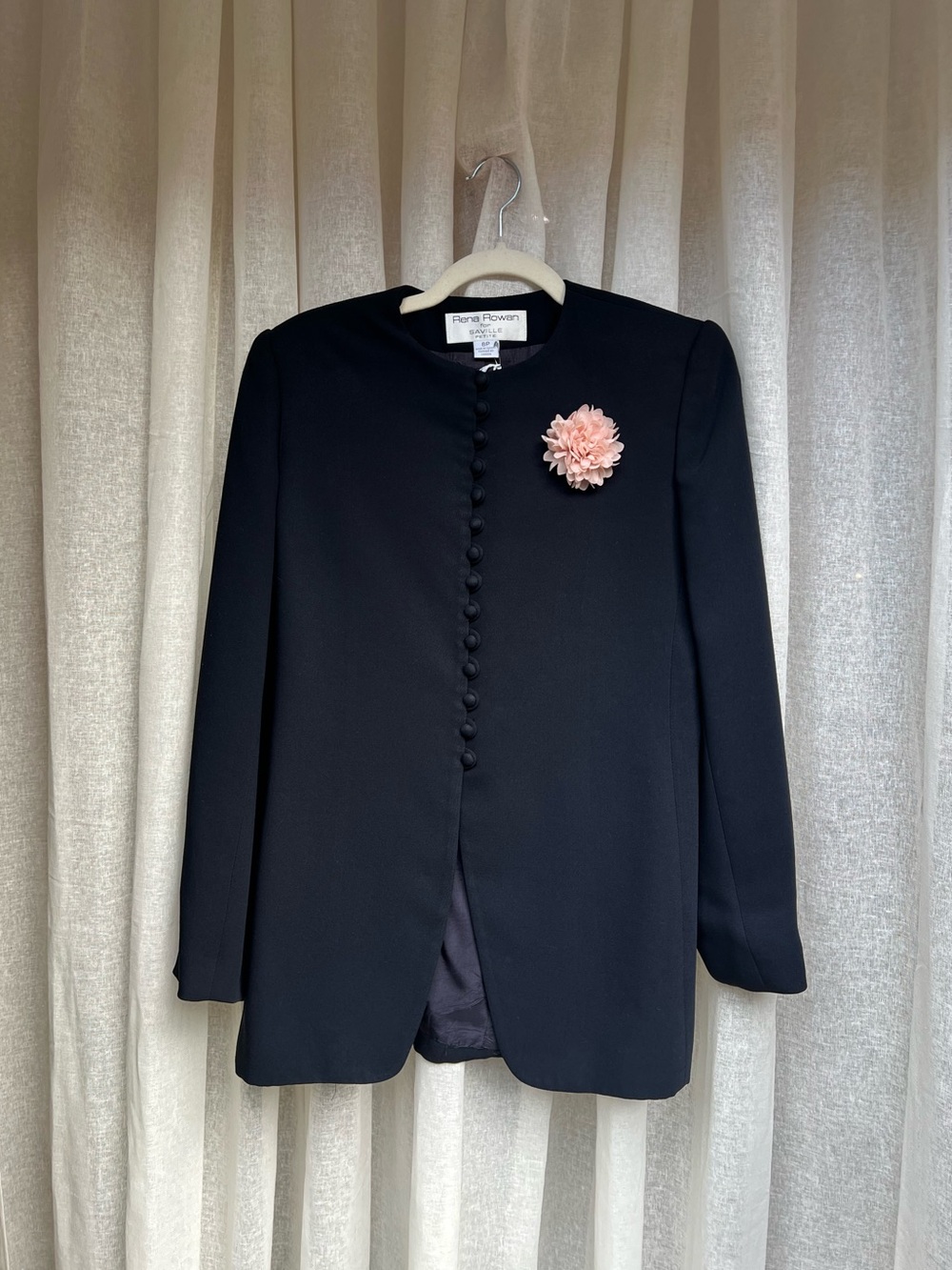 Vintage Rena Rowan Pink Flower adorned Navy Button-Front Jacket Size 8P Like New